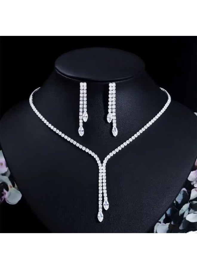 Bahels Silver Plated Zircon Stone Rhinestone Waterway Necklace Earring Set Bridal Set Party Invitation Set - Image 2